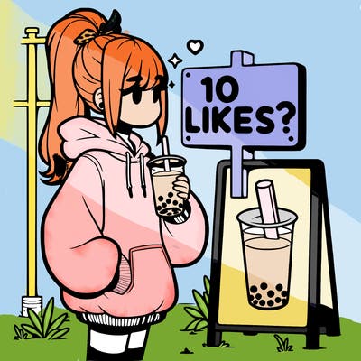 girl with oversized hoodie drinking boba and she has a high ponytail with a sign that says 10likes?