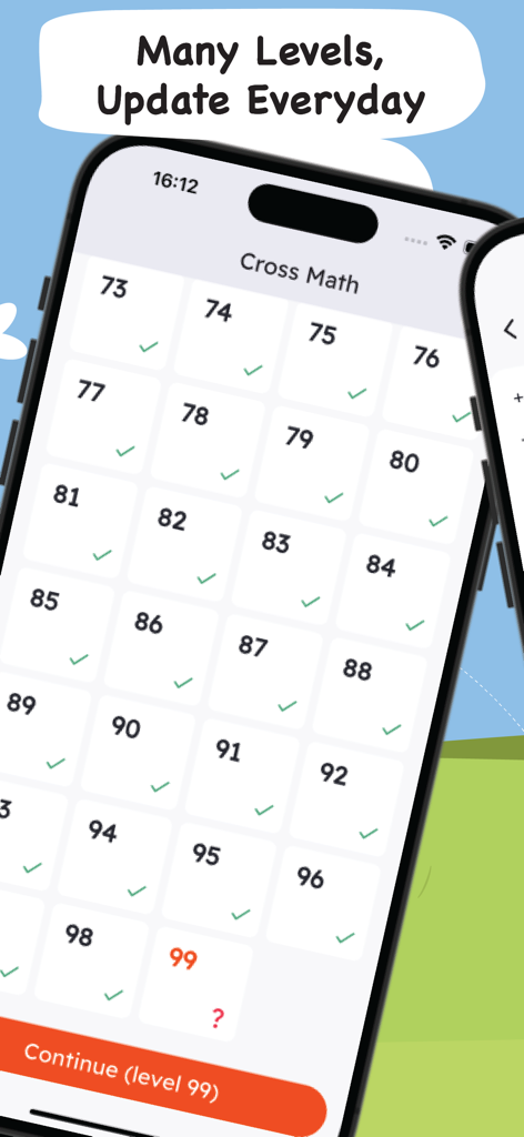 Cross Math: Math Puzzle Games - Écran de sélection de niveau dans Cross Math montrant une grille de niveaux terminés avec des coches vertes et un bouton pour continuer au niveau quatre-vingt-dix-neuf