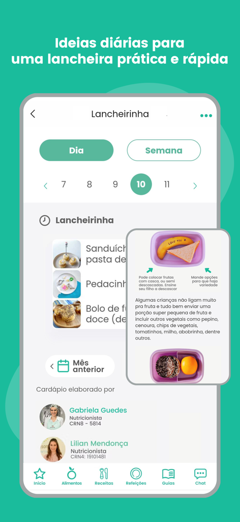 Garfinho app interface displaying daily lunchbox meal ideas and nutritional advice from specialists.