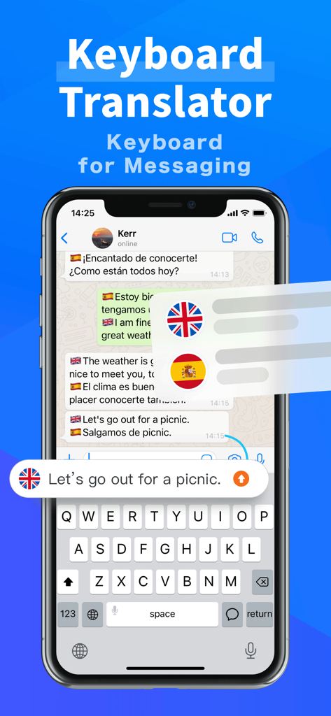リアルタイムで英語からスペイン語に翻訳するために、iPhoneメッセージアプリでキーボード翻訳機能を使用している様子