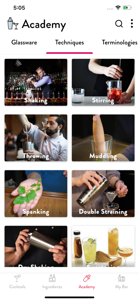 Cocktails App: Drinks Database - Tela da Academia Cocktails App exibindo uma grade de técnicas de mixologia como bater, mexer e amassar