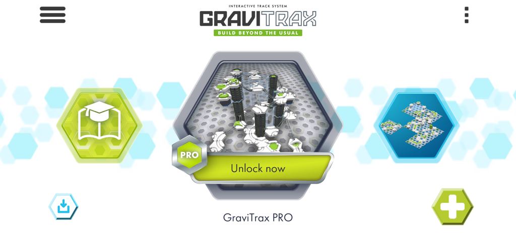 The GraviTrax mobile app home screen featuring the PRO track editor and navigation buttons