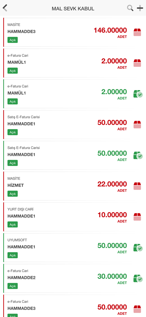 LioX - LioX mobile ERP interface showing a list of goods and raw materials with quantities for shipping acceptance.