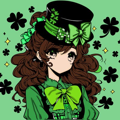 a manga-style girl with clovers around her, a little hat in her hair, like it's saint patrick's day