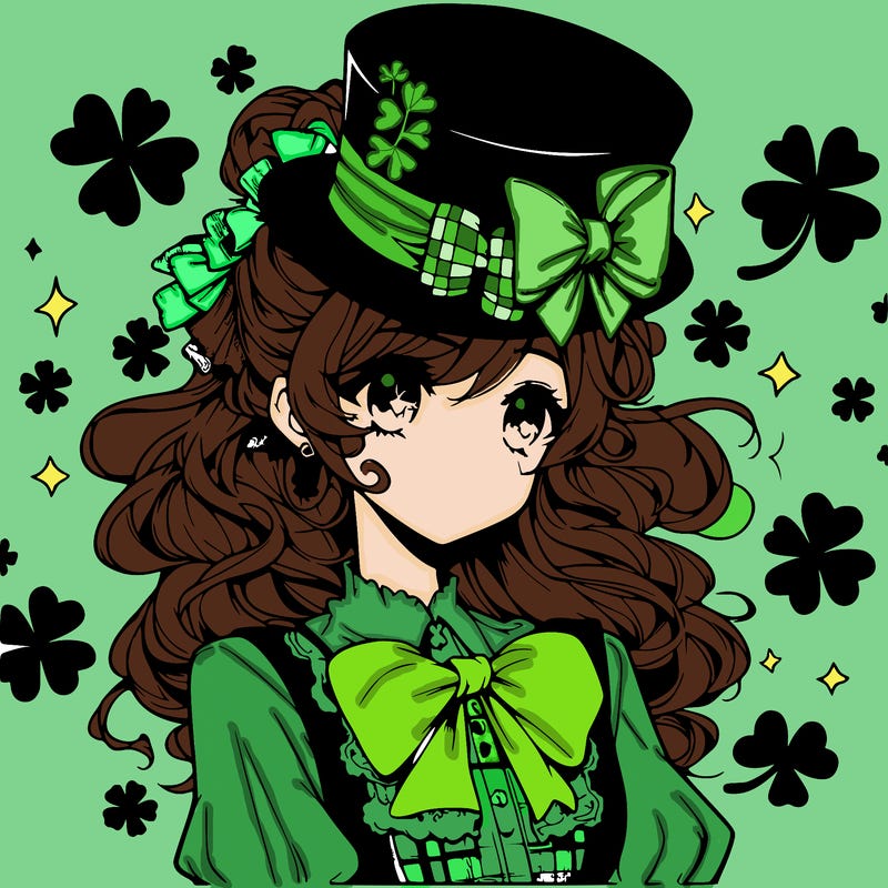 a manga-style girl with clovers around her, a little hat in her hair, like it's saint patrick's day