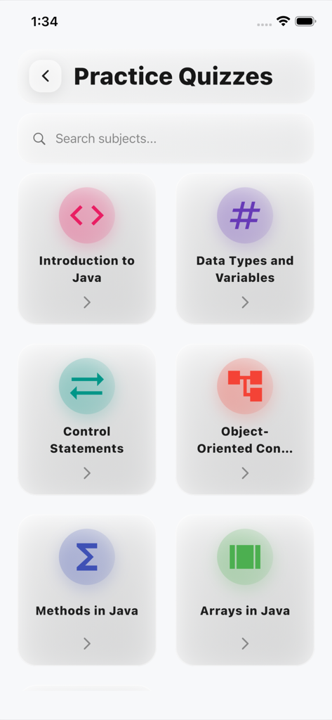 Java Basics Quiz Pro - Interface of Java Basics Quiz Pro app displaying various programming quiz topics like Introduction to Java and Object-Oriented Concepts.
