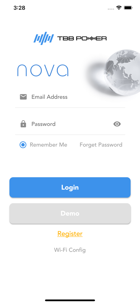 TBB Nova - 이메일 주소와 비밀번호 필드가 있는 TBB Nova 앱 로그인 화면