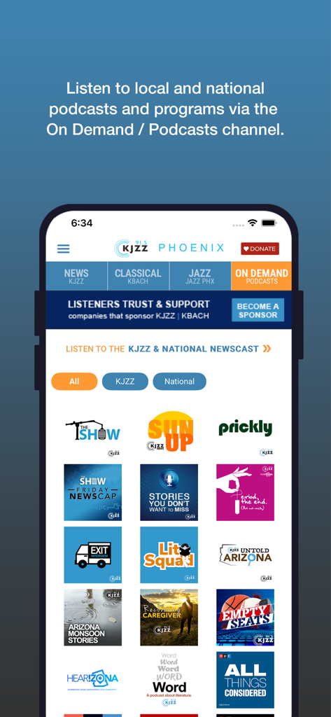 KJZZ Phoenix - KJZZ Phoenix app screen showing a selection of local and national podcasts available on demand