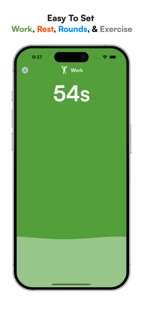 Interval Timer HIIT & Tabata - Exibição do iPhone de um cronômetro HIIT minimalista verde mostrando um intervalo de trabalho de 54 segundos