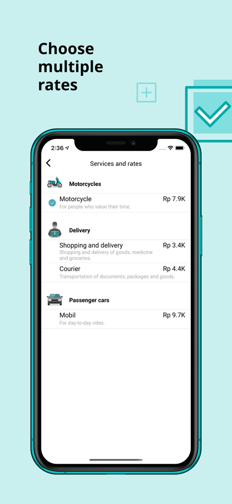 TUDA — rides and delivery - Interfaz de la aplicación TUDA mostrando varias opciones de servicio y tarifas para entrega en motocicleta y coches de pasajeros
