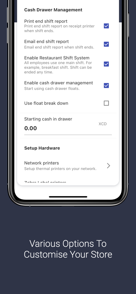 CURI POS app interface showing cash drawer management and hardware setup settings