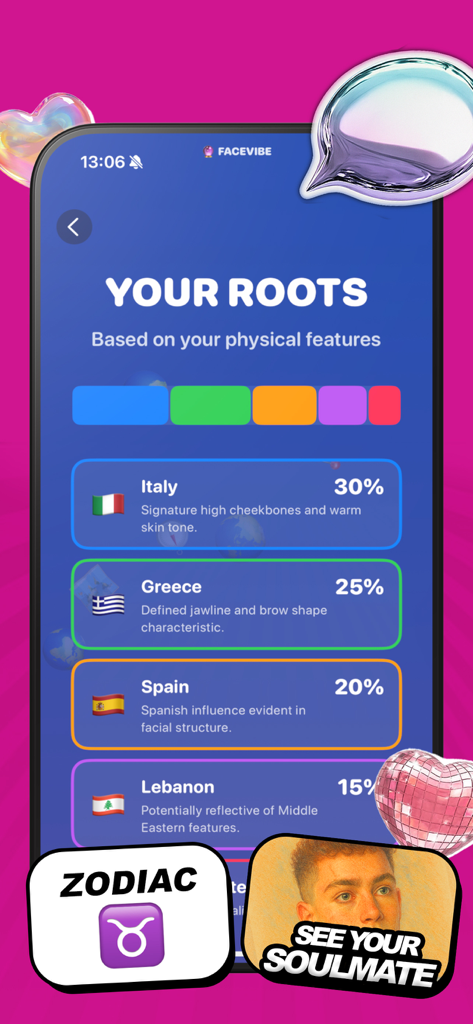 FaceVibe AI - get analyzed - FaceVibe AI app interface displaying an ancestry roots analysis with heritage percentages based on facial features.