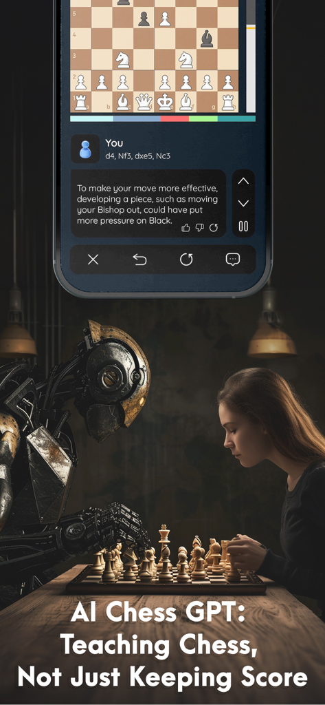 AI Chess GPT - AI Chess GPT mobile app interface showing natural language move feedback and a concept image of a woman playing chess with a robot