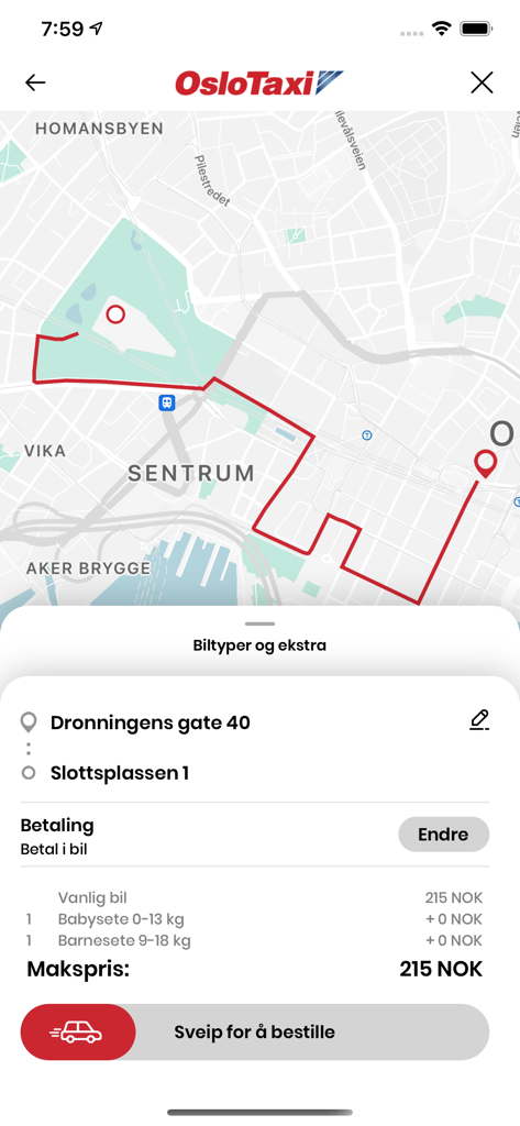 Taxifix - Taxifix app interface showing a taxi route in Oslo with a fixed price estimate
