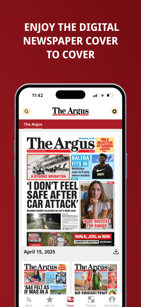 The Argus - Un smartphone mostrando la función de réplica del periódico digital en la aplicación The Argus con titulares de noticias locales de Brighton.