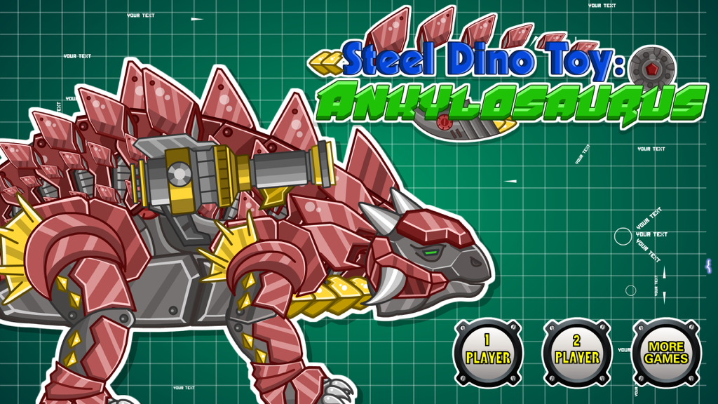 Title screen of the Steel Dino Toy Mechanic Ankylosaurus game featuring a red robotic dinosaur on a green blueprint background with 1-player and 2-player mode buttons.