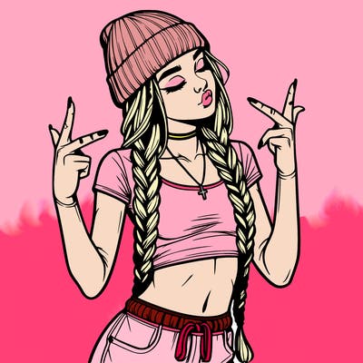 realistic teenage girl with braids and a beanie and crop top doing 🫶🏼