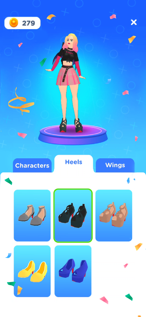 Dancing Race - A character customization screen in Dancing Race game showing a female character and a selection of high heel shoes.