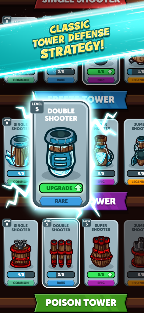 A mobile game interface showing a level 5 Double Shooter tower being upgraded in Merge Kingdoms Tower Defense.