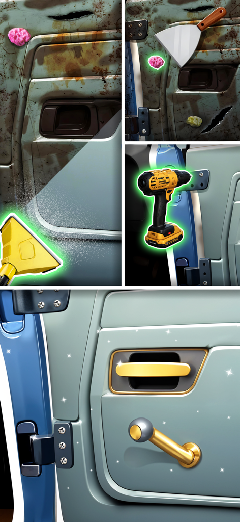 A collage showing the restoration steps of a car door from rusty to shiny in a mobile game.