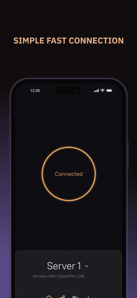 AmneziaVPN - AmneziaVPN mobile app interface showing a successful connection status with a simple circular button