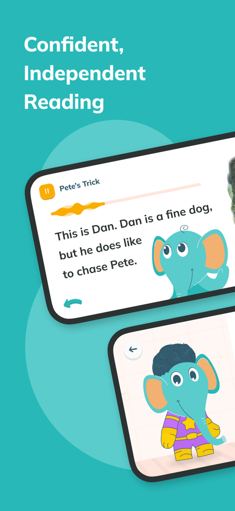 A screenshot of the Read with Ello app showing a children's storybook interface with an elephant AI character helper.
