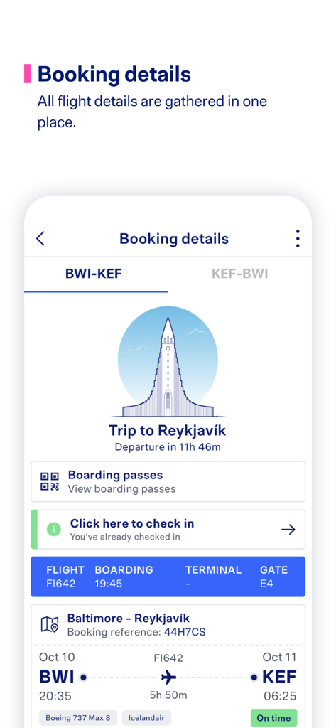 Icelandair - La pantalla de la aplicación de Icelandair muestra los detalles del vuelo para un viaje de Baltimore a Reikiavik con información de embarque y puerta.