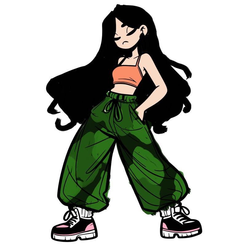 girl in baggy pants crop top and long hair