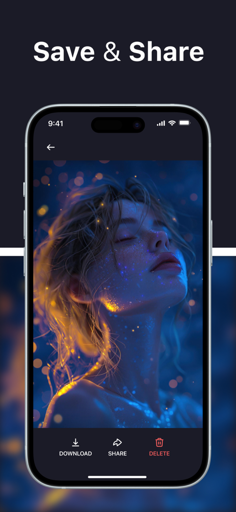 Runway AI Creation - Smartphone screen showing the Runway AI Creation app interface with options to download and share a generated artistic video.