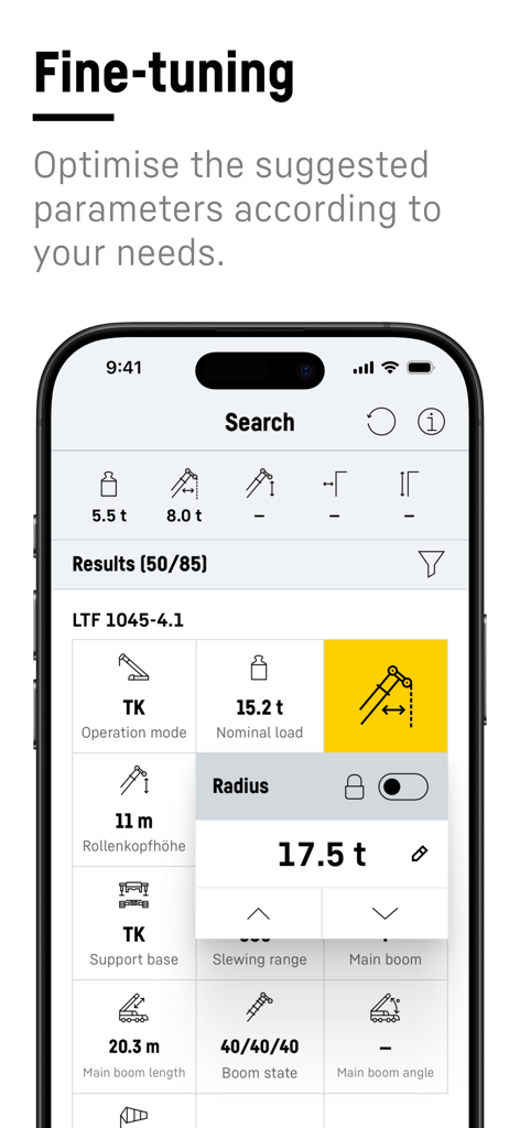 Fine-tuning crane configuration parameters in the Liebherr Crane Finder mobile app.