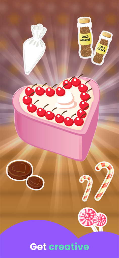 A heart-shaped cake decorated with cherries and whipped cream surrounded by various candy toppings in a kids baking game