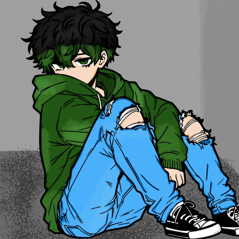 a male hoddie ripped jeans messy hair anime