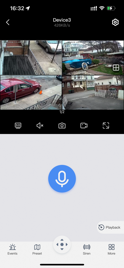 WallPixel HD - Interface de l'application WallPixel HD affichant quatre flux de caméras de sécurité en direct avec audio bidirectionnel et contrôles PTZ