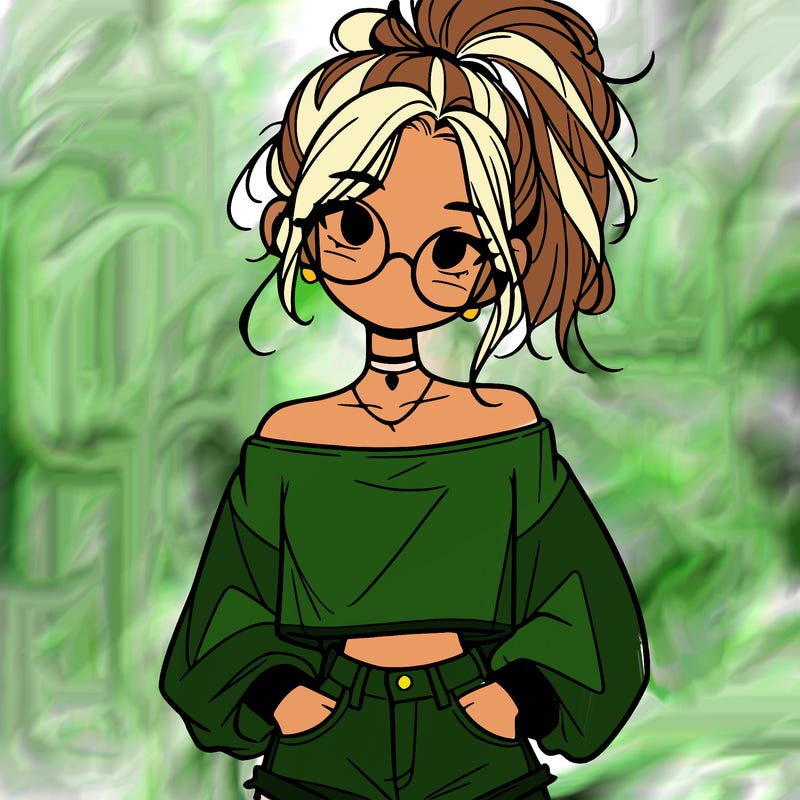 girl with a messy ponytail glasses a baggy crop top and jean shorts