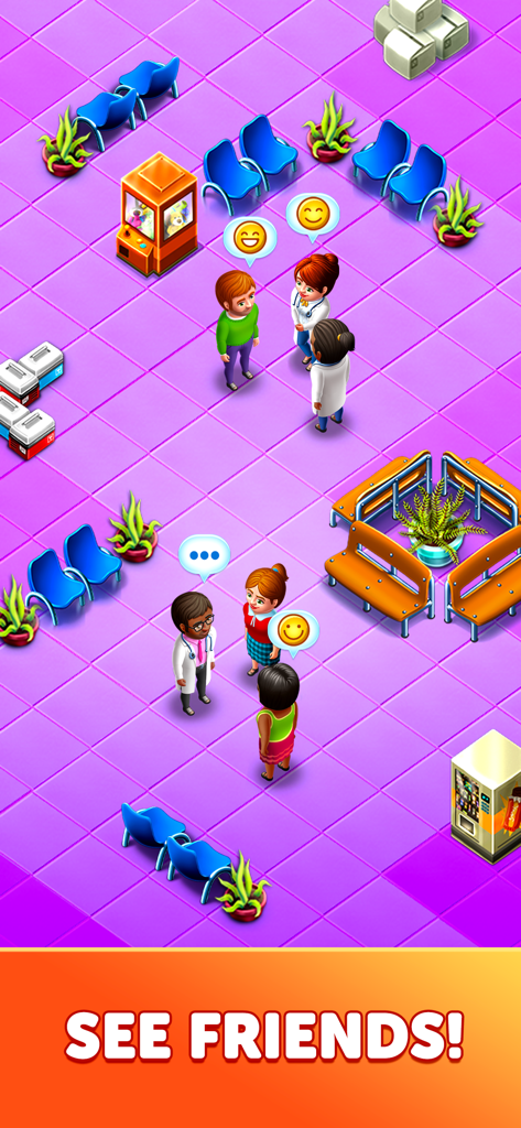 My Hospital: Decorate and Heal - 나의 병원 모바일 게임에서 의사와 환자들이 있는 꾸며진 병원 대기실