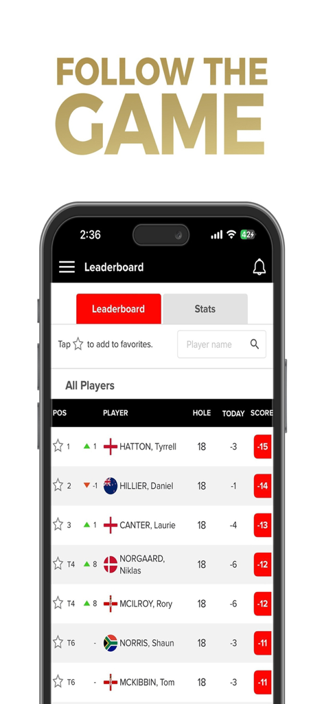 실시간 토너먼트 점수와 선수 순위를 보여주는 히어로 두바이 데저트 클래식 모바일 앱 리더보드