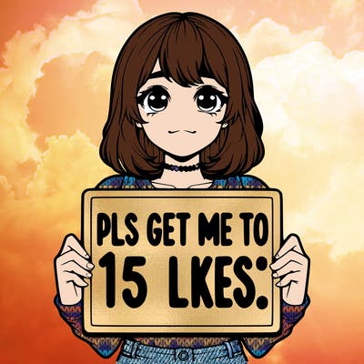 realistic girl holding up a sign that says “pls get me to 15 likes!”