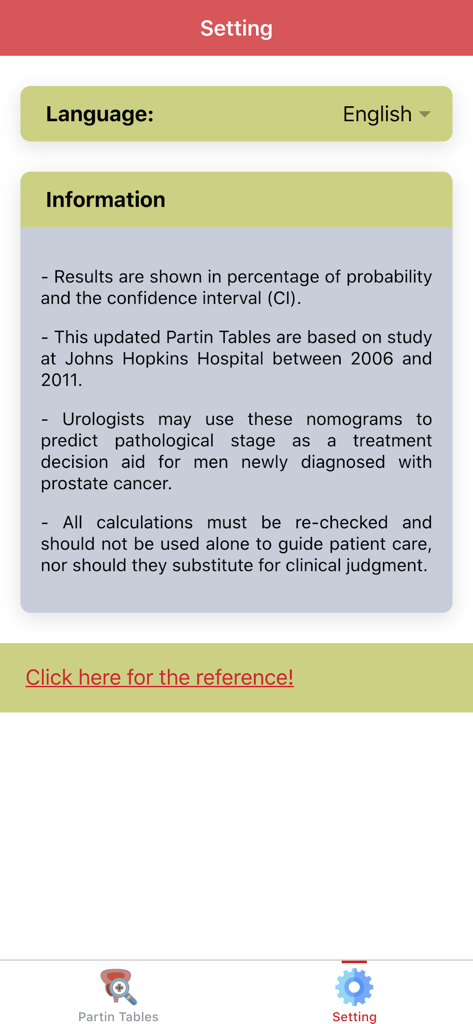 Settings and information screen of the Urology Partin Tables medical app showing data sources and usage guidelines.