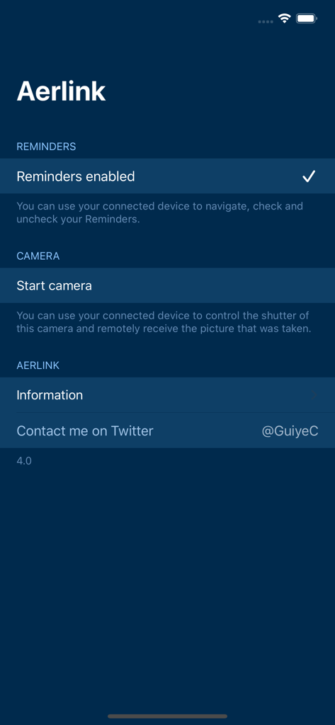 Aerlink - Aerlink mobile app interface showing options for Bluetooth reminders and remote camera trigger