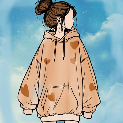 realistic girl with a oversized sweatshirt on and a bun