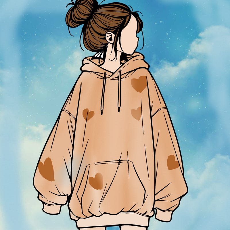 realistic girl with a oversized sweatshirt on and a bun