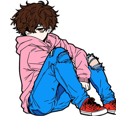 a male hoddie ripped jeans messy hair anime