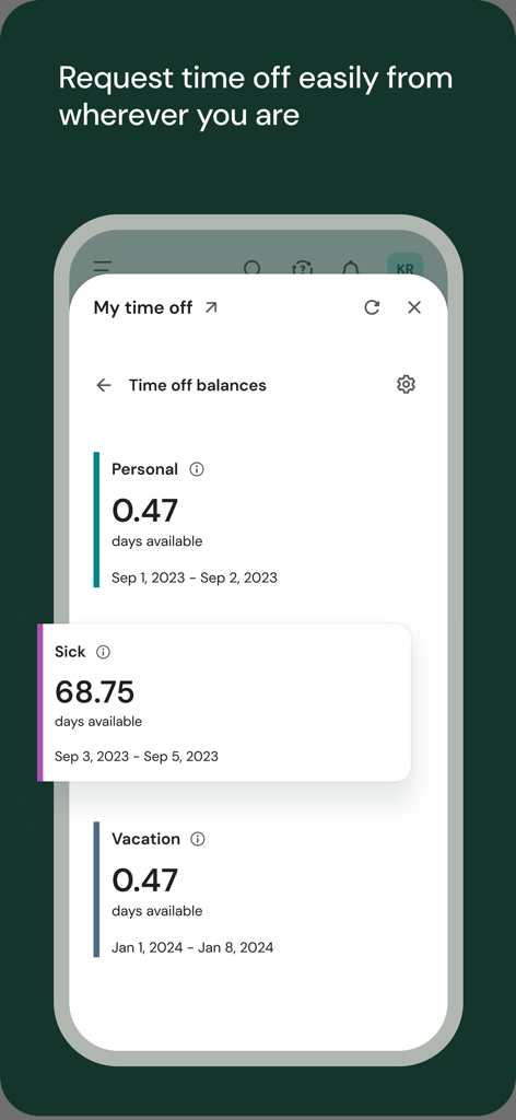 Schermata dell'app mobile UKG Ready che mostra i saldi dei giorni di ferie, malattia e vacanza personali dei dipendenti