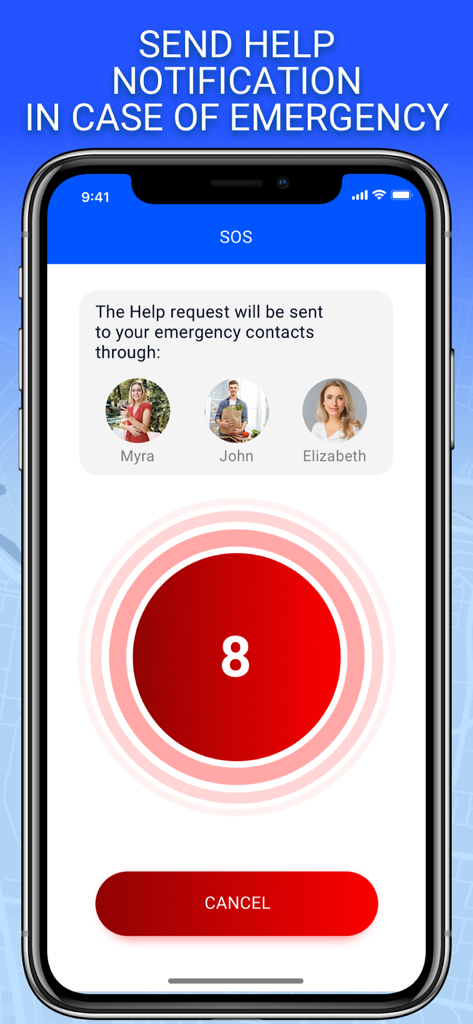 Emergency SOS help notification screen in the Get Location app.