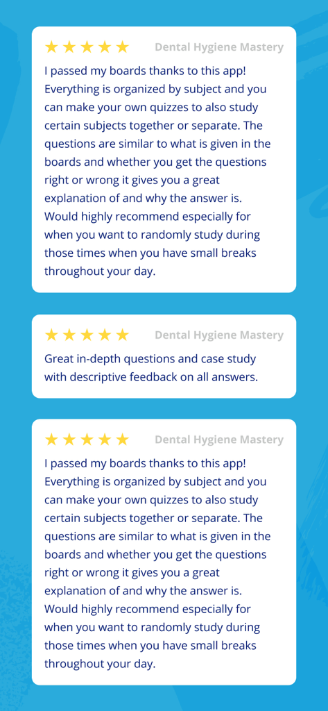 User reviews and five star ratings for the Dental Hygiene Mastery NBDHE exam prep app