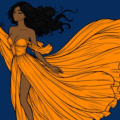 realistic woman in dress flowing the the wind