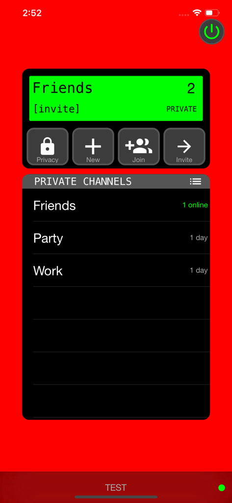Talk Hit! Walkie Talkie - El menú de canales privados de la aplicación Talk Hit Walkie Talkie con categorías para Amigos Fiesta y Trabajo.