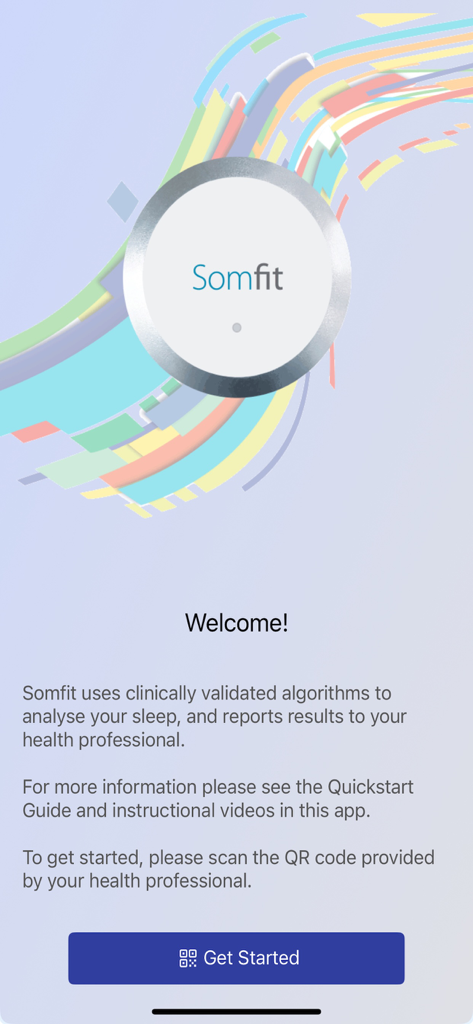 Somfit - Welcome screen of the Somfit app explaining its clinical sleep analysis and diagnostic process.