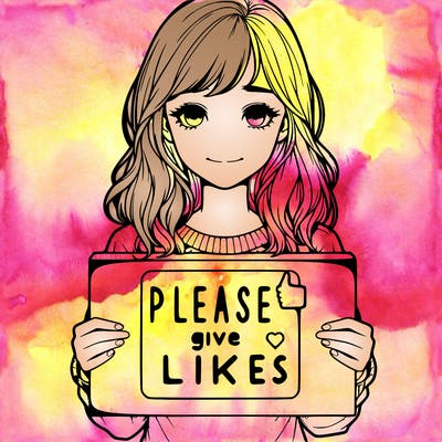 realistic girl that is holding a sign that says please give likes