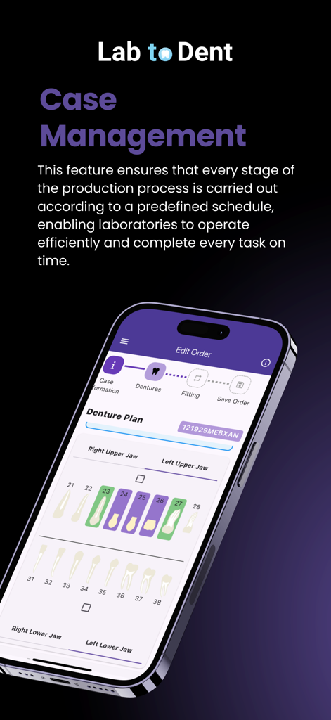 Lab to Dent - Interface do aplicativo móvel Lab to Dent para gerenciamento de casos dentários e rastreamento de pedidos